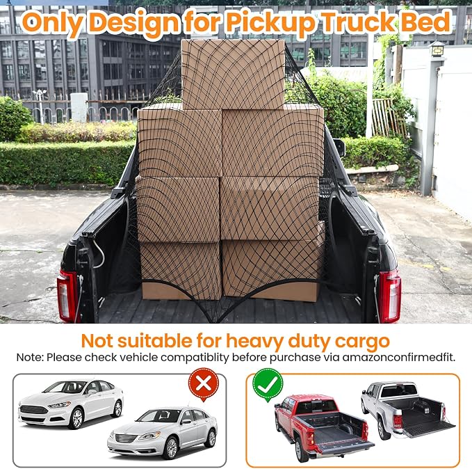 Truck Bed Net, Double-Layer Elastic Cargo Net Stretchable Mesh Organizer for Pickup, Suitable for Daily Light Loads of Trucks, Up to 2X Elastic from 4'x4’ Stretches to 7‘x 7’