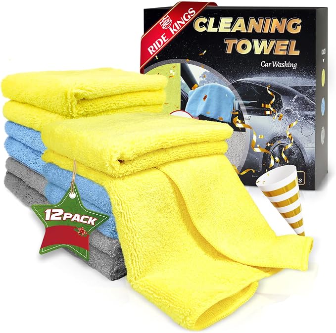 Car Wash Drying Towels, 450gsm Ultra-Thick Absorbent Lint-Free Extra Soft Microfiber Rags for Car Detailing, Interior & Exterior Cleaning Cloths, 16in x 16in - Microfiber, Grey+Blue+Yellow, 12 Packs