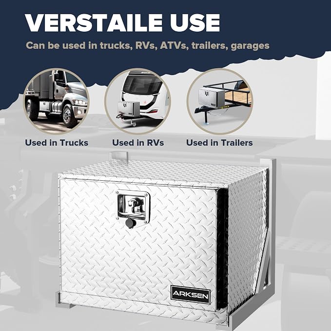 ARKSEN 24 x 17 x 18 Inch Underbody Tool Box, Heavy Duty Aluminum Diamond Plate Waterproof Square Storage Organizer Chest with T-Handle Lock & Keys for Pickup Truck, RV & Trailer – Silver