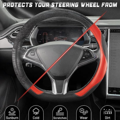 SEG Direct D Shaped Steering Wheel Cover, Flat Bottom Car Wheel Cover 14 1/2-15 in. (37-39 cm), Black and Red Microfiber Leather