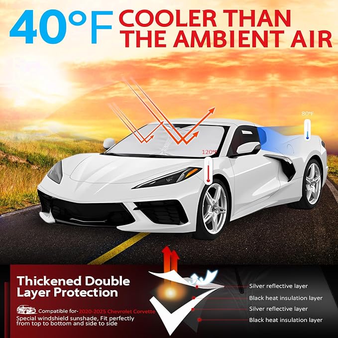 KAYZT Windshield Sun Shade for 2020-2025 2026 Che-vrolet/Chevy Corvette C8 Foldable Sunshade Front Window Custom Fit Car Accessories