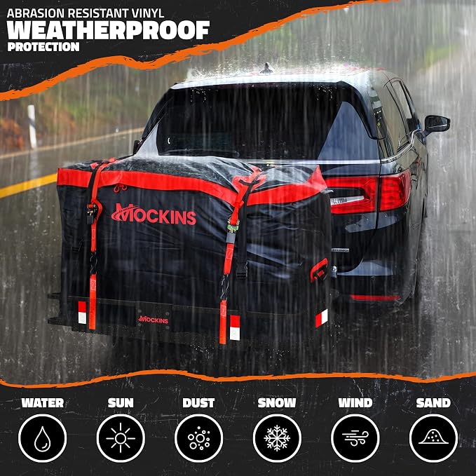 Mockins 15 Cu Ft Trailer Hitch Cargo Carrier Bag with 4 Packing Cubes | 48"x18"x31" Waterproof Cargo Bag for Hitch Carrier & Truck Bed Storage | Vehicle Soft-Shell Carriers w/ Cubes, Straps & Lock