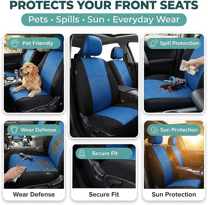 FH Group Universal Car Seat Covers Front Set for SUV Truck Sedan Vans | 3D Textured Breathable Fabric Seat Cover Set Protector with Airbag Compatible Interior Upgrade - Blue
