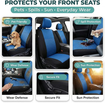 FH Group Universal Car Seat Covers Front Set for SUV Truck Sedan Vans | 3D Textured Breathable Fabric Seat Cover Set Protector with Airbag Compatible Interior Upgrade - Blue