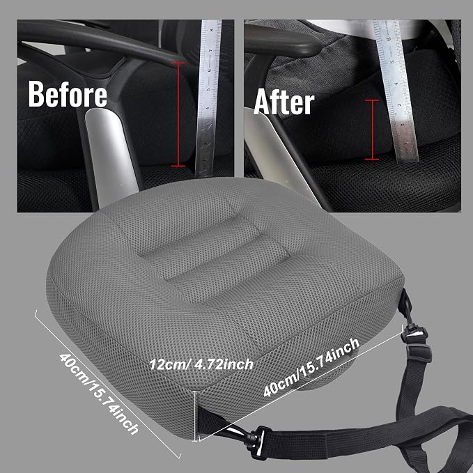 Universal Booster Seat Cushion with Adjustable Height, Breathable Mesh Portable Design with Straps, Improve Vision Improve Sitting Posture Stress Relief Driving Office Family Outdoor - Gray