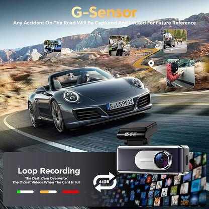 Dash Cam Front and Rear - 4K HD Dual Dash Camera for Cars, Built-in 5G WiFi GPS, 64GB Card, Dashcam with 3.2" IPS Screen, UHD Night Vision, HDR, App Control, 24H Parking Monitor