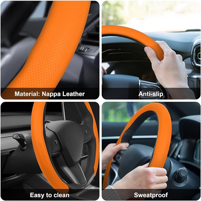 Frani Nappa Leather Steering Wheel Cover,Universal Fit 15 Inch-Premium Non-Slip Breathable Comfort Grip for Cars Trucks SUVs,Anti-Slip Durable Interior Upgrade Orange