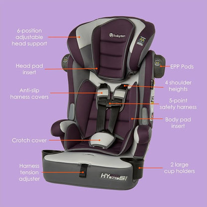 Baby Trend Hybrid SI 3-in-1 Combination Booster Seat, Dash Plum – Side-Impact Protection, 3-Stage Growth Design, Adjustable Headrest, Cushioned Comfort