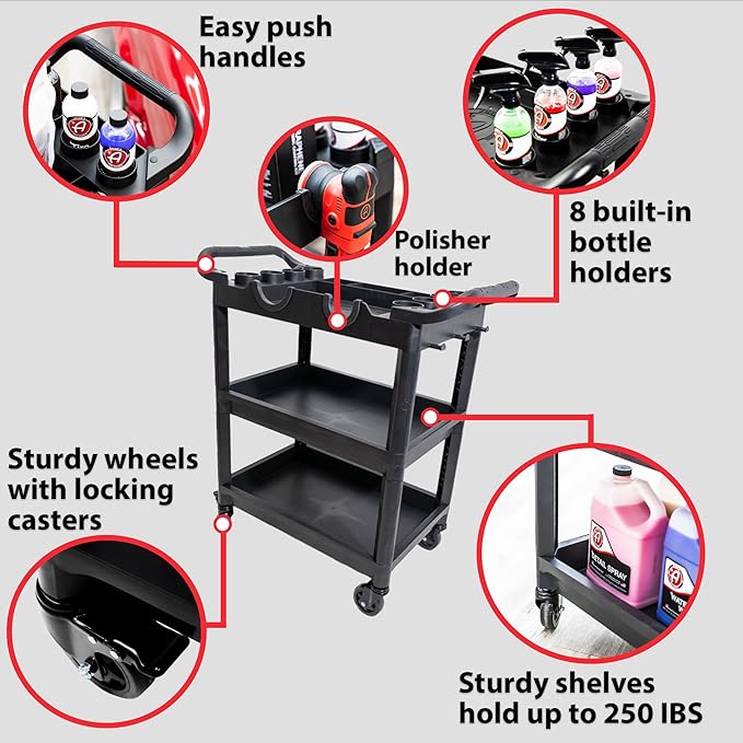 Adam's Polishes Premium Detail Cart - Car Detailing Cart 3-Tiered Shelves 250 Pound Per Shelf Capacity - Heavy Duty Casters Rolling Cart, Features Bottle Holders, Cutouts, & Pegs for Organization