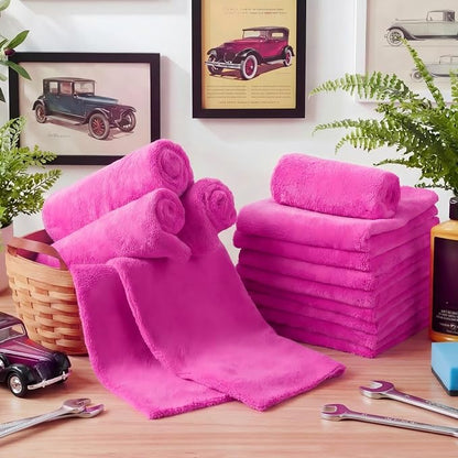 Shimeyao 30 Pcs 16 x 16 Inch Edgeless Microfiber Plush Towels for Cars Detailing Drying Wash Polishing Absorbent Cleaning Cloths, 500 GSM (Fuchsia)