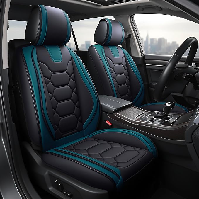 OASIS AUTO Car Seat Covers Front Seats, Sporty Honeycomb Waterproof Faux Leather Protectors, Universal Fit for SUV, Sedan, Truck Interior Accessories (OS-004 Black&Teal)