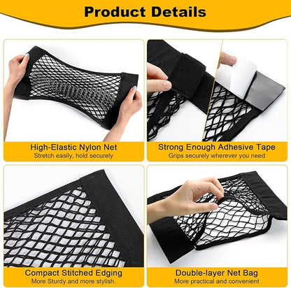 PIFOOG 4Pcs Universal Car Storage Net Pockets Stretchable Automotive Mesh Pouch Nets Bag Organizer Stickers Netting for Auto SUV Trunk Back Seat RV Camper