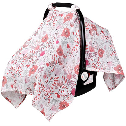 Rquite Infant Car Seat Cover for Babies Girls, Muslin Cotton Carseat Canopy, Breathable Stroller Sun Shade, Baby Shower Gift & Newborn Essentials, Universal Fit Summer & Hot Weather (Pink Flowers)