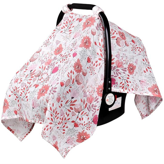 Rquite Infant Car Seat Cover for Babies Girls, Muslin Cotton Carseat Canopy, Breathable Stroller Sun Shade, Baby Shower Gift & Newborn Essentials, Universal Fit Summer & Hot Weather (Pink Flowers)