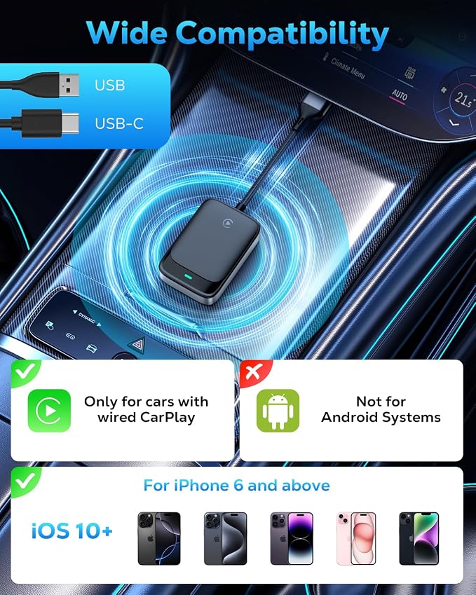 MoKo Wireless CarPlay Adapter for iPhone 2025, Only for iPhone iOS 10+ and Cars with Built-in Car Play, Converts Wired Car Play to Wireless Dongle,Plug and Play Fast Response Bluetooth CarPlay Adaptor