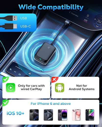 MoKo Wireless CarPlay Adapter for iPhone 2025, Only for iPhone iOS 10+ and Cars with Built-in Car Play, Converts Wired Car Play to Wireless Dongle,Plug and Play Fast Response Bluetooth CarPlay Adaptor