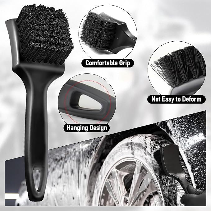 Car Wheel Cleaning Brush - 8PCS Car Wheel Tire Rim Cleaner Pro Wash Kit with Soft-bristled Detailing Crevice Brushes Stone Scraper Carry Bag, Auto Vehicle Cleaning Washing Tools Supplies