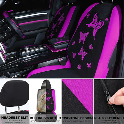 BBTO 43 Pcs Butterfly Car Seat Full Set Butterfly Car Accessories for Women 5 Front Rear Seat Covers Wrist Strap 2 Pcs Cup Mat Armrest Pad 2 Belt Xmas Cover Accessories for SUV(Purple, Black)