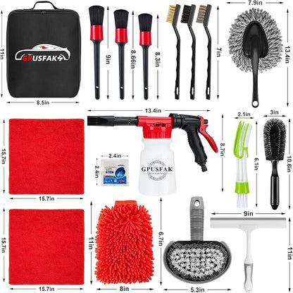 26Pcs Car Wash Cleaning Kit with Foam Gun Sprayer Detailing Brushes Window Water Scraper Tire Brush Towels Complete Interior Exterior Detailing Set for Car