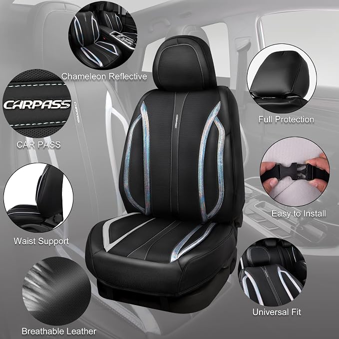 CAR PASS Nappa Leather Seat Covers, Waterproof Durable Universal fit for Women Girly SUV Truck,Anti-Slip Driver Seat Cover with Backrest, full set 5 Holographic Black Silver strips Iridescent colorful