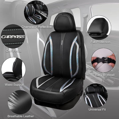CAR PASS Nappa Leather Seat Covers, Waterproof Durable Universal fit for Women Girly SUV Truck,Anti-Slip Driver Seat Cover with Backrest, full set 5 Holographic Black Silver strips Iridescent colorful
