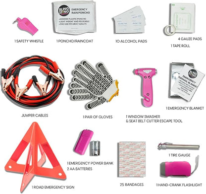 Supercharged Car Emergency Kit – 52-Piece Pink Roadside Safety Tools with Jumper Cables, Flashlight, Escape Tool & First Aid Essentials – Compact Travel Case for Women, New Drivers & Students