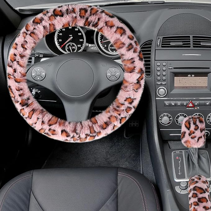 Accmor Fuzzy Steering Wheel Cover, Universal Fit Fur Car Wheel Cover & Handbrake Cover & Gear Shift Cover Set for Women Girls, Leopard Winter Warm Fluffy Vehicle Wheel Protector for Auto, SUV (Pink)