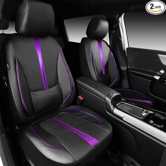 CAR PASS Nappa Leather Car Seat Covers, Water Resistant 3D Foam Faux Leather Seat Covers, Lumbar Support Automotive Seat Covers 2 Front Seats, Comfort & Universal Fit for Cars SUV Truck, Black Purple