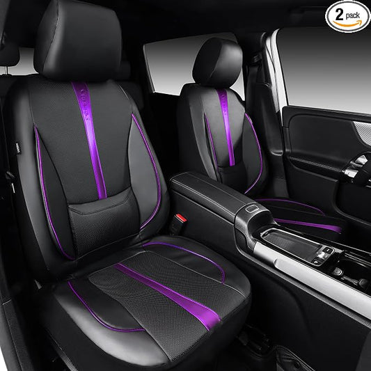 CAR PASS Nappa Leather Car Seat Covers, Water Resistant 3D Foam Faux Leather Seat Covers, Lumbar Support Automotive Seat Covers 2 Front Seats, Comfort & Universal Fit for Cars SUV Truck, Black Purple
