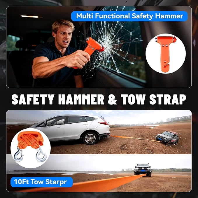 15PC Car Emergency Kit with Jumper Cables, Roadside Assistance Safety Kit for Auto & Truck, Includes Safety Hammers, Tow Strap, Warning Triangle, First Aid, Gifts for Young Men or Women, Blue