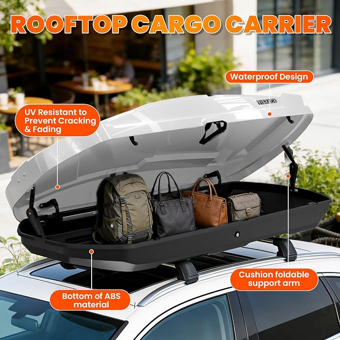 26 Cu Ft Cargo Box, Hard Shell Roof Cargo Carrier with Security Keys, 87.20" x 38.19" x 17.36" Roof Box, Dual-Sided Opening, Tool-Free Install, White