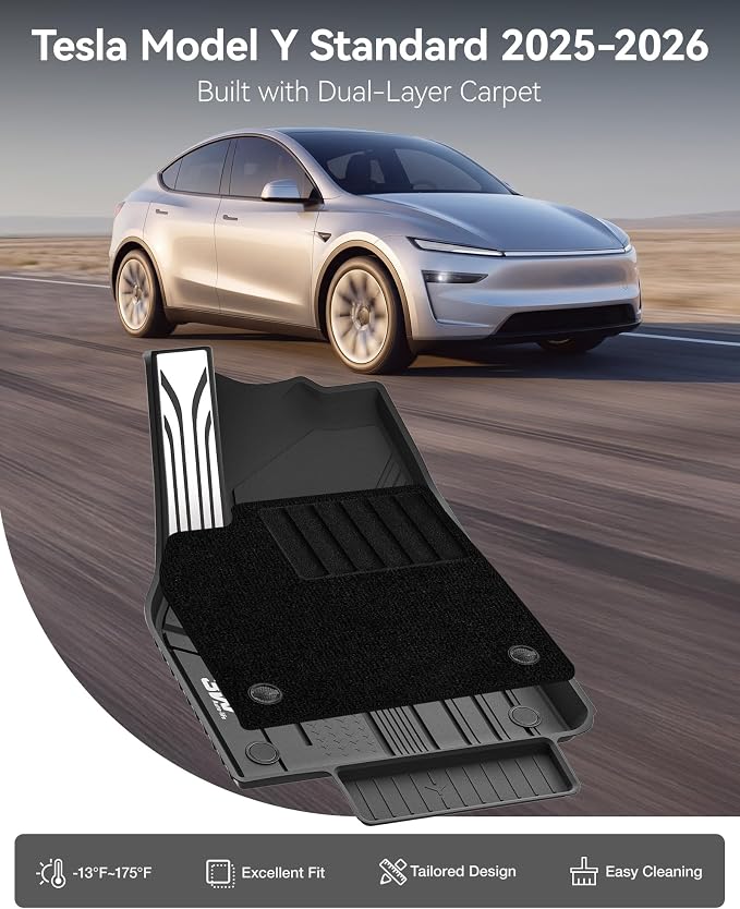 3W Floor Mats with Carpets for 2025 2026 Tesla Model Y Juniper Only Fit Standard 5 Seat Metal Pedal Liner & Rear Cargo Mat & Backrest Mats Anti-Slip All Weather TPE Car Accessories, Black, Vigormold™