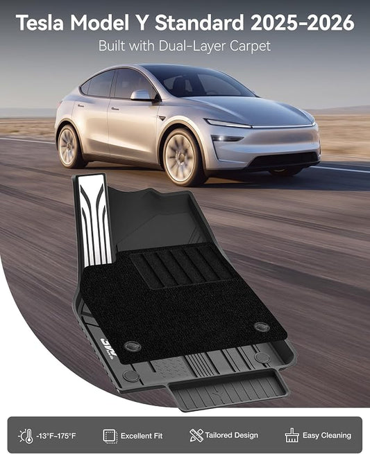 3W Floor Mats with Carpets for 2025 2026 Tesla Model Y Juniper Only Fit Standard 5 Seat Metal Pedal Liner & Rear Cargo Mat & Backrest Mats Anti-Slip All Weather TPE Car Accessories, Black, Vigormold™