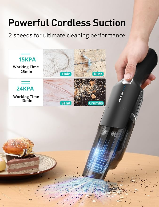 Aspiron Cordless Handheld Vacuum, 24KPA Powerful Car Vacuum, 2-Speed, 2 Charging Methods, Wireless Charger, Ergonomic Handle, Portable Rechargeable Vacuum Cleaner for Car, Home, Black Grey