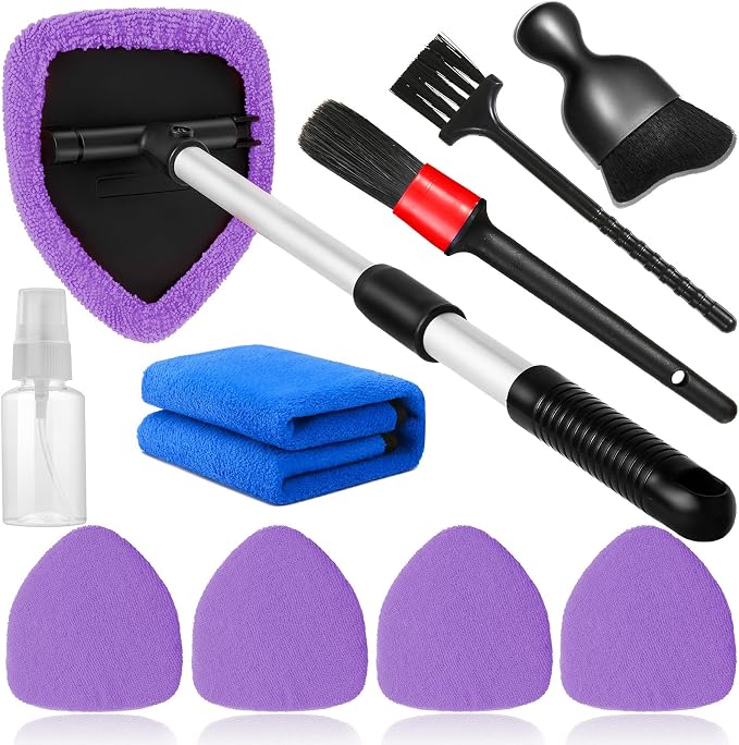 Qydipclin 10pcs Windshield Cleaning Tool Inside Car Window Cleaner Wash Kit with 4 Reusable Microfiber Pads 1 Spray Bottle and Extendable Handle Interior Auto Glass Wiper Kit, Purple