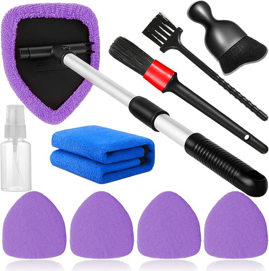 Qydipclin 10pcs Windshield Cleaning Tool Inside Car Window Cleaner Wash Kit with 4 Reusable Microfiber Pads 1 Spray Bottle and Extendable Handle Interior Auto Glass Wiper Kit, Purple