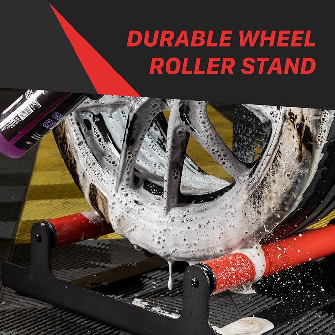 Maxshine Universal Red Wheel & Rim Detailing Rolling Stand | 360° Rotating Tire Stand for Wheel Wash, Ceramic Coating & Tire Shine | Heavy-Duty Rim Roller Stand for Professional Auto Detailing