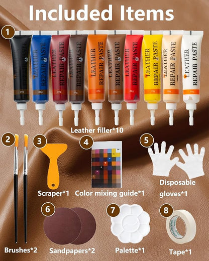 Leather Repair Kit for Furniture - 10 Color Vinyl Repair Kit for Sofa/Jacket/Car Seats/Purse/Shoes/Couch - Fix Scratches/Tears/Holes/Peeling on Bonded/Pleather/Genuine