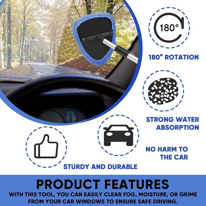 Car Window Cleaner, Car Cleanser Brush, Car Accessories Car Cleaning Supplies Tools, Car Cleaning Kit with Extendable Handle, Microfiber Cloth, Spray Bottle, Fits All Cars (Blue)