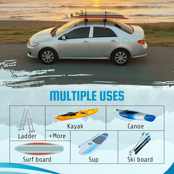 BLOCKSURF Surfboard Roof Rack for Car | Universal Soft Roof Rack for Cars & SUVs | Holds 2-3 Surfboards | Heavy-Duty Straps & Buckles for Highway Speeds | Easy Install & Removal
