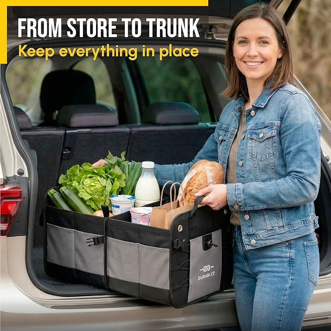 Compact Car Trunk Organizer 2-Section – Grocery, Tools, Cleaning Supplies Storage – Foldable Dual-Compartment Cargo Bin with Cover Net – Gray
