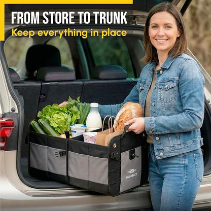 Compact Car Trunk Organizer 2-Section – Grocery, Tools, Cleaning Supplies Storage – Foldable Dual-Compartment Cargo Bin with Cover Net – Gray