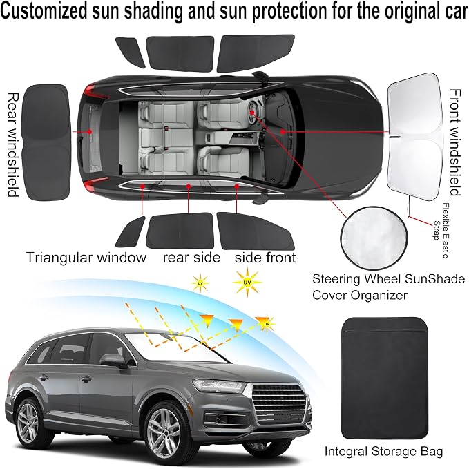 TINGLU Window Shades for Audi Q7 2007-2015 Accessories Car Side Full Windows Rear Triangular Windshield Sun Shade Sun UV Rays & Privacy Protection for Camping,Napping,Relaxing 8PCS