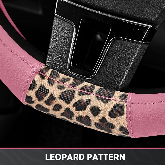 Road Comforts Steering Wheel Cover - Flat Bottom Wheel Cover Made with PVC Leather and Leopard Fabric - Universal Fit for 15-Inch D-Shaped Automotive Steering Wheels (Pink Color)