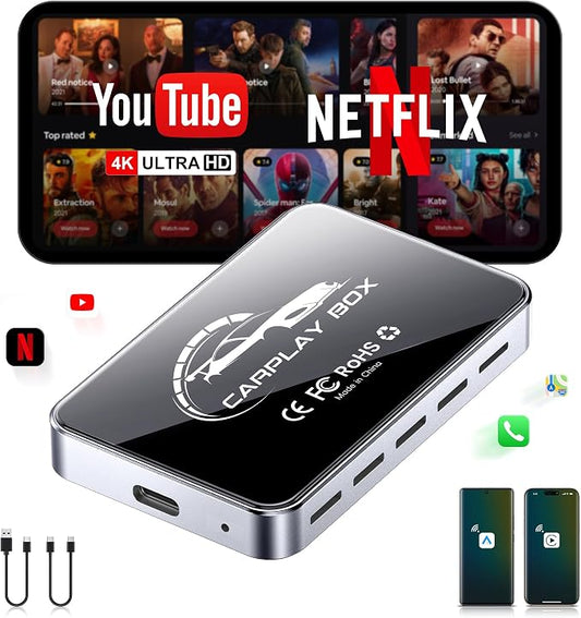 AI Box CarPlay, 3-in-1 Wireless CarPlay Adapter & Android Auto for OEM Wired Cars, Built-in Netflix/YouTube for Streaming, 5.8GHz WiFi, Convert Wired to Wireless, Plug & Play （4GB RAM+32GB ROM）