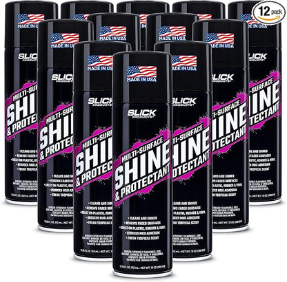 Slick Products Shine & Protectant Spray 17.35 FL OZ. - High Gloss Clear Coating Renew Vinyl, Plastic, Rubber, Trim, Tire, Car, Truck, Motorcycle, Dirt Bike (12-Pack)