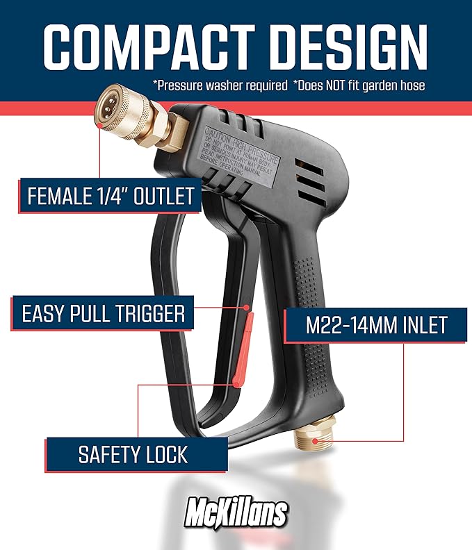 McKillans® Short Pressure Washer Gun with Replacement M22 Inlet - High Pressure Water Handle with 1/4” Quick Connector Coupler - Power Washer Gun Compatible with Foam Cannon - Car Wash Foam Gun