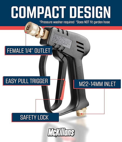 McKillans® Short Pressure Washer Gun with Replacement M22 Inlet - High Pressure Water Handle with 1/4” Quick Connector Coupler - Power Washer Gun Compatible with Foam Cannon - Car Wash Foam Gun