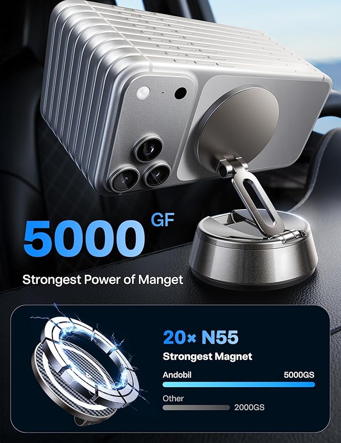 andobil 2026 Upgrade for Magsafe Car Mount [Strongest Suction & Magnet] Vacuum Magnetic Phone Holder for Car 360° Adjustable Car Cell Phone Holder Mount for iPhone 17 Pro Max 16/15/14/13/12