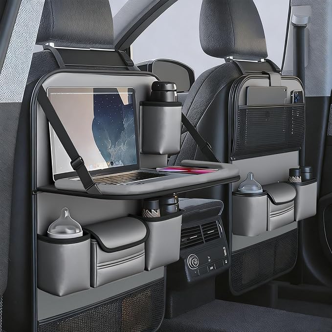 2 Pack Leather Car Backseat Organizer with Foldable Table Tray, Universal Car Seat Back Protector Kick Mat with Touchscreen Tablet Holder, Storage Pockets, Cup Holders & Tissue Holder, Black